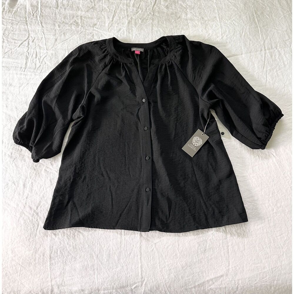 NEW Vince Camuto Women's Black Blouse Large Split Neck Balloon Sleeve Top